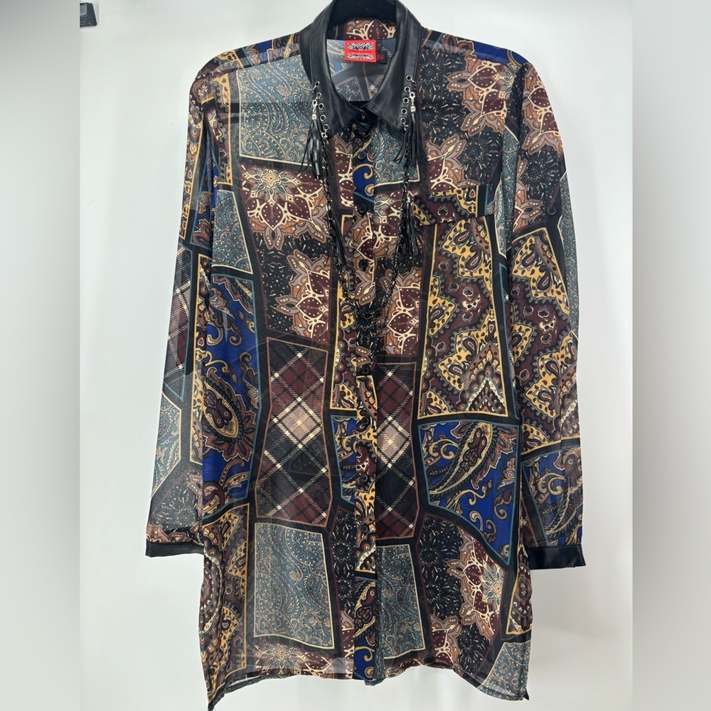Vtg Simon Chang Collection patchwork print shirt with chains tassels 6 - Picture 2 of 16